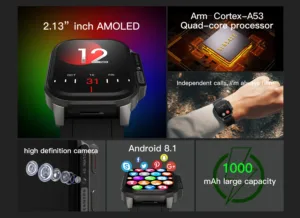 Tifonder שעון חכם DM62 עם Wifi וכרטיס Sim רשת 4G AMOLED מסך 2.13 אינץ 1000mAh סוללה גדולה HD מצלמת וידאו שיחת וידאו 2GB16GB 5