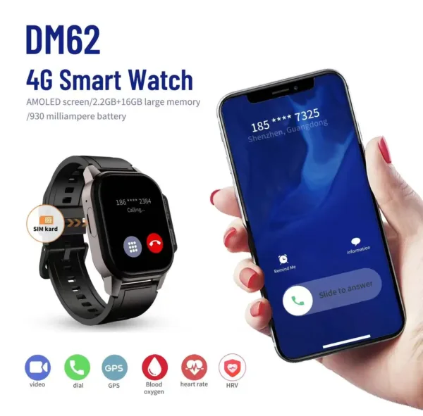 Tifonder שעון חכם DM62 עם Wifi וכרטיס Sim רשת 4G AMOLED מסך 2.13 אינץ 1000mAh סוללה גדולה HD מצלמת וידאו שיחת וידאו 2GB16GB 6