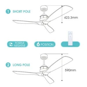 Tifonder מאוורר תקרה 60 אינץ 3 להבי ABS ושלט רחוק כולל אור LED 4