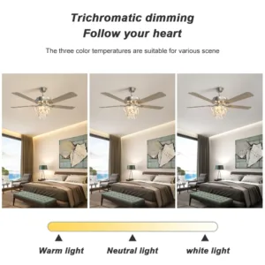 Tifonder מאוורר תקרה קריסטל עם תאורת LED ושלט רחוק – 52 אינץ מנוע שקט גימור ניקל מוברש 4